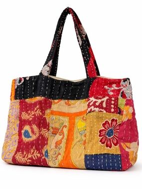 Kantha Patchwork Quilted Tote Bag Boho Cotton Shoulder Bag NWOT